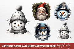 Watercolor Peeking Santa and Snowman Clipart Product Image 1