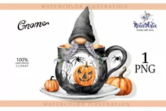 Watercolor Halloween gnome in tea mug, Gnome PNG Product Image 1