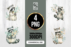 Blue Floral Raccoon Watercolor Clipart Sublimation PNG Product Image 1