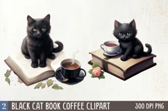 Watercolor Black Cat Book Coffee Clipart, Watercolor Clipart Product Image 1