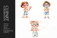 Summer kids with sunglasses and drinks watercolor clipart Product Image 1
