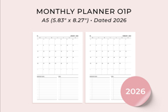 2026 A5 dated monthly planner printable PDF showing January calendar spread with pre-filled dates, clean minimalist layout and ample writing space for appointments and notes.