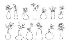 Outline, doodles of flowers, plants in a vase. Product Image 1