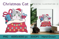 Kawaii Christmas Cat PNG, Merry Christmas Sublimation Design Product Image 1