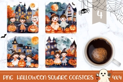 Kids Halloween Square Coasters, Watercolor Halloween Print Product Image 1