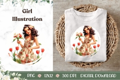 Pin Up Girl Illustration, Cartoon Girl Print, Tulips PNG Product Image 1