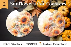 Watercolor Sunflowers Sublimation, Floral Car Coasters PNG Product Image 1
