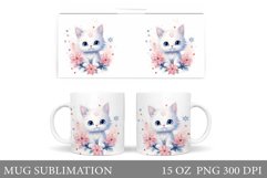 Spring Cat Mug Sublimation. Cat Flowers Mug Design Product Image 1