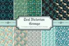 Teal Victorian Grunge Digital Paper,Dark Academia Damask Product Image 1