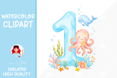 Watercolor Ocean Numbers Clipart Bundle 1-9,Sea Animals PNGs Product Image 2