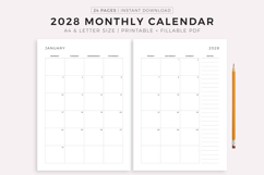 2028 Monthly Calendar on Two Pages with Notes, Printable Product Image 1