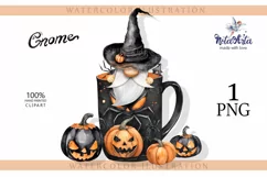 Watercolor Halloween gnome in tea mug, Gnome PNG Product Image 1