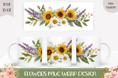 Watercolor Flowers Mug Sublimation, Cartoon Flowers PNG Product Image 1