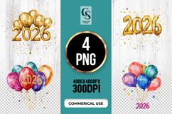 Year 2026 Balloon Gold Confetti Watercolor Clipart PNG Product Image 1