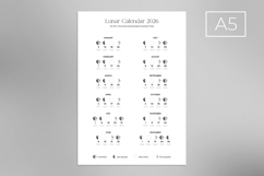 2026 moon phases calendar A5 size showing lunar cycle illustrations with UTC dates and times for new moon, full moon, first and last quarter phases on minimalist layout.