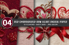Red Embroidered Bow Heart Digital Paper Product Image 1