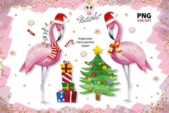 Watercolor illustration pink flamingos New Year, New Year Product Image 1
