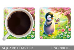 Cute Penguin Coaster Design. Flowers Coaster Sublimation Product Image 1