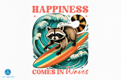 Happiness Comes in Waves, Funny Summer Beach Surfing Raccoon Product Image 1