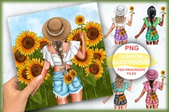 Clipart Sunflowers, Fashionable Girl with Sunflowers. Product Image 1