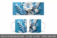 3D Blue and White Flowers Mug. Flowers Mug Wrap Sublimation Product Image 1