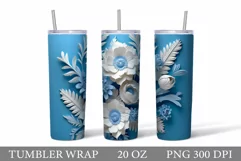 3D Blue and White Flowers Tumbler Sublimation Product Image 1