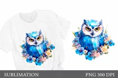 Owl and flowers T- shirt Design. Blue Owl sublimation Product Image 1