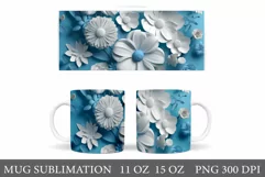 3D Flowers Mug Wrap. Blue and White Flowers Mug Design Product Image 1