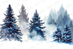 Isolated Blue Watercolor Pine Trees - Snowy Forest Graphic Product Image 1
