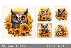 Owl Square Coaster Design. Owl Sunflower Coaster Sublimation Product Image 1