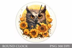 Owl Watercolor Round Clock. Owl Sunflowers Clock Sublimation Product Image 1
