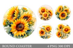 Sunflowers Watercolor Coaster. Sunflowers Round Coaster Product Image 1