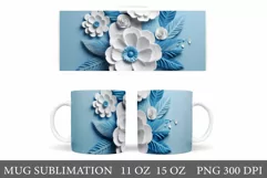 3D Flowers Mug Sublimation. Blue and White Flowers Mug Wrap Product Image 1