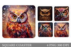 Owl Square Coaster. Owl Glitter Coaster Sublimation Product Image 1