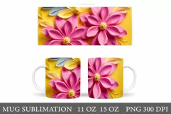 3D Pink Flowers Mug Wrap. 3D Paper Flowers Mug Sublimation Product Image 1