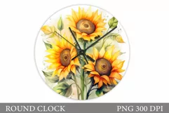 Sunflowers Watercolor Clock. Sunflowers Round Clock Design Product Image 1
