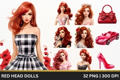 Redhead Dolls Clipart Bundle, Fashion Doll PNG Glam Red Hair Product Image 1