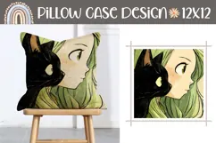 Cartoon Girl Pillow Sublimation, Kawaii Cat Pillow Template Product Image 1