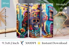 3D Sugar Skull Tumbler Wrap, 3D Skeleton Tumbler Design Product Image 1