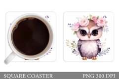 Cute Owl Coaster Design. Owl Flowers Coaster Sublimation Product Image 1