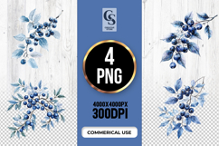 Blue Berry Branch Watercolor Clipart PNG Product Image 1