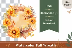 Watercolor Fall Wreath PNG, Sunflower Wreath Sublimation Product Image 1