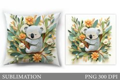 Cute Koala Pillow Design. Koala Flowers Pillow Sublimation Product Image 1