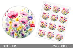 Wildflowers Sticker Template. Flowers Round Sticker Design Product Image 1