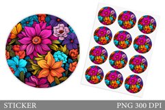 Flowers Sticker Design. Colorful Flowers Round Sticker Product Image 1