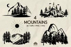 4 Mountain silhouettes SVG PNG EPS Product Image 1