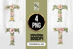 Floral Letter T Watercolor Alphabet Clipart Sublimation PNG Product Image 1
