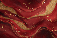 A vibrant red &amp; gold abstract art piece with wavy lines dots Product Image 1