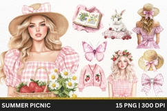 Pink Picnic Girl Clipart 15 PNG Summer Fashion Watercolor Product Image 1