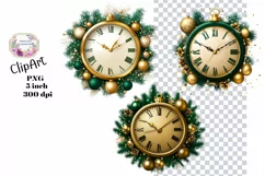 Christmas, Clock, Ephemera, PNG, watercolor, Clipart Product Image 1